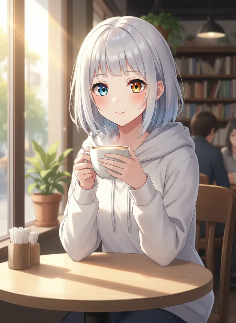 CharPix consistency demo: same AI character — scene: cozy café